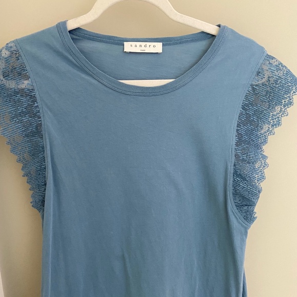 Blue Sandro t shirt with lace flutter sleeves - Picture 1 of 2